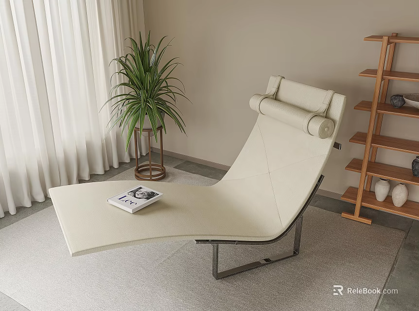 Modern Beige Lounge Chair with Metal Frame Book on Seat Near Shelf and Potted Plant 3d model 
