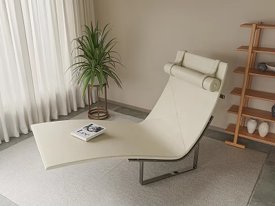 Modern Beige Lounge Chair with Metal Frame Book on Seat Near Shelf and Potted Plant 3d model