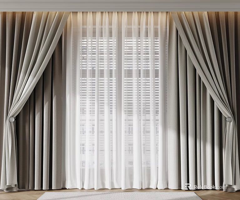 Modern Gray Curtains With White Sheer Panels For Elegant Window Treatment 3d model 
