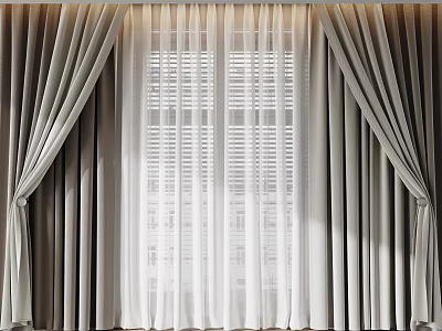 Modern Gray Curtains With White Sheer Panels For Elegant Window Treatment 3d model