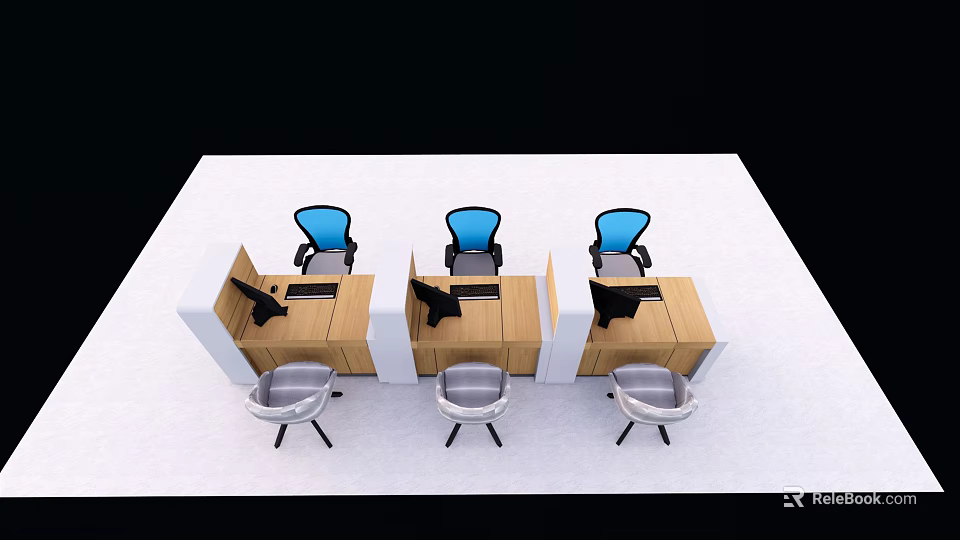 Modern Office Desks With Blue Chairs Gray Seats Computer Monitors And Workspace Setup 3d model 