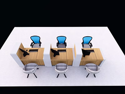 Modern Office Desks With Blue Chairs Gray Seats Computer Monitors And Workspace Setup 3d model