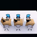 Modern Office Desks With Blue Chairs Gray Seats Computer Monitors And Workspace Setup