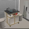 Modern Tea Table With Gold Frame White Cabinets And Striped Stools With Tea Set 3d model