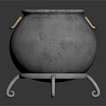 Metallic Cauldron With Three Legs And Brass Handles On Black Reflective Surface