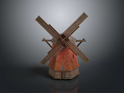 Wooden Windmill Model With Red Brick Body And Reflective Base On Dark Background 3d model