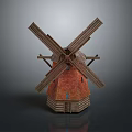 Wooden Windmill Model With Red Brick Body And Reflective Base On Dark Background