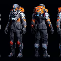 Futuristic Sci Fi Warrior In Tech Armor With Helmet Red Shoulder Armor And Blue Lights