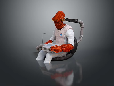 Red Skinned Alien Game Movie Character In White Outfit Sitting Holding Tablet With Back Tube 3d model