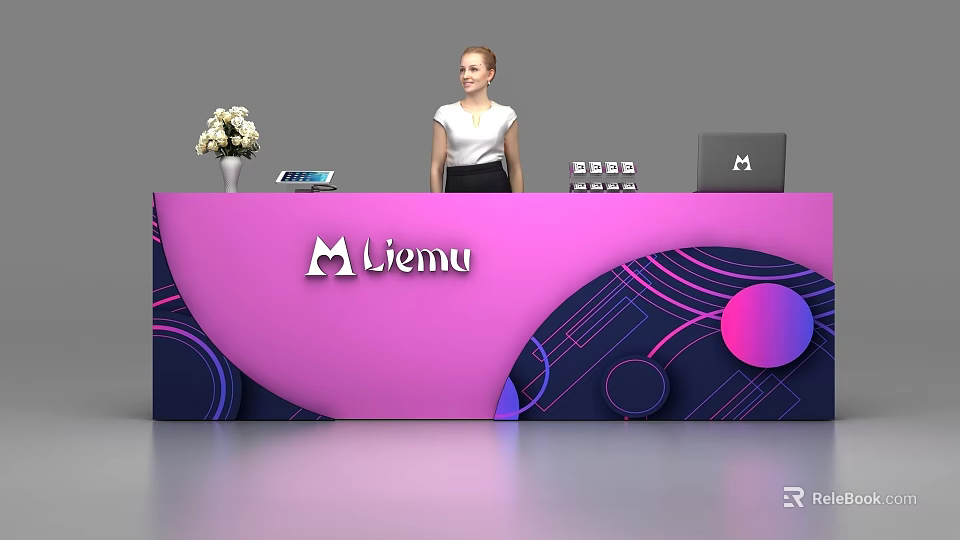 Modern Reception Desk with Liemu Logo Colorful Curved Design Flower Vase Tablet Laptop and Devices 3d model 