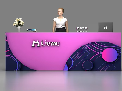 Modern Reception Desk with Liemu Logo Colorful Curved Design Flower Vase Tablet Laptop and Devices 3d model