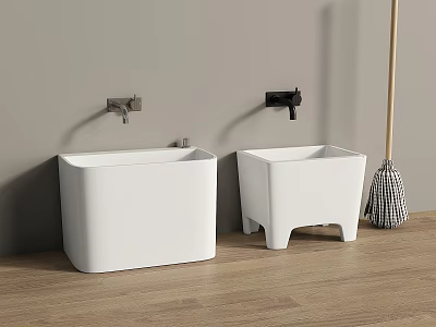 Bathroom Accessories Featuring White Mop Sinks With Silver And Black Faucets on Light Gray Wall 3d model