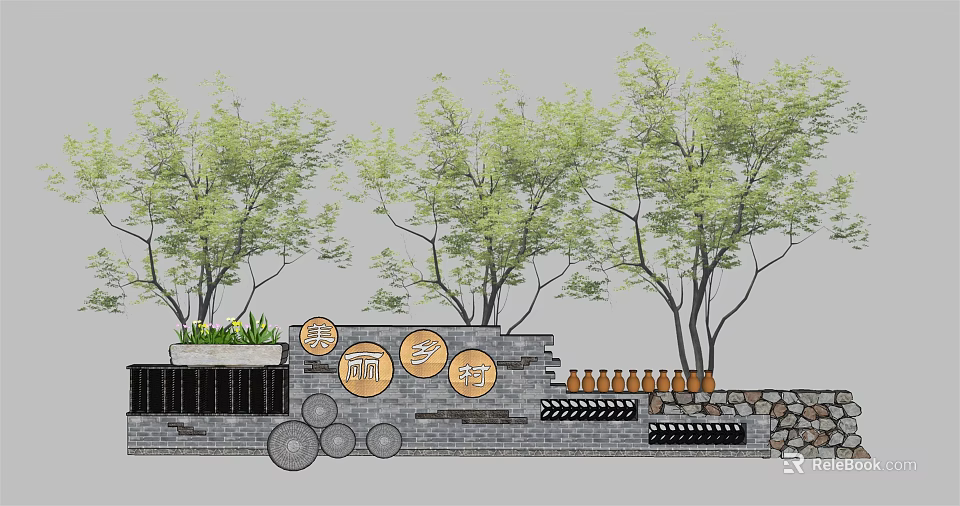 Brick Landscape Wall With Circular Ornaments Trees And Stone Base Design 3d model