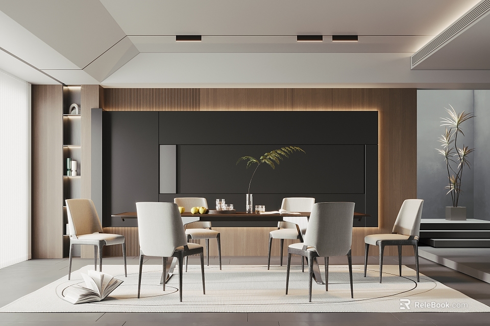 Modern Restaurant Interior With Wooden Accents Dining Table Chairs And Decorative Green Plant 3d model 