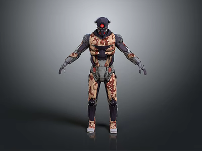Biomechanical Character With Black Helmet Red Eyes And Armored Body Design 3d model