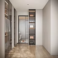 Modern Walk In Closet With Sliding Door Wardrobe Hanging Shirts Open Shelving And LED Lighting