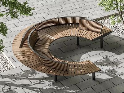 Curved Wooden Bench Design With Stone Pavement And Green Trees 3d model