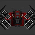 Red Mechanical Spacecraft With Multiple Thrusters And Structural Components For Space Exploration