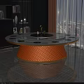 Round Dining Table With White Countertop Hot Pot Design Brown Woven Base And Gold Frame