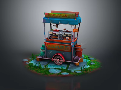 Practical Portable Food Cart With Wheeled Design Awning Top And Storage Compartments 3d model
