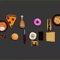 Display of Assorted Fast Foods Including Fries Pizza Hamburger Donut Hot Dog and Sandwich
