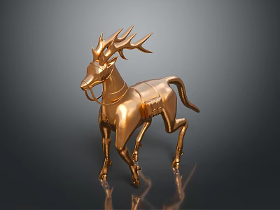 Golden Metallic Deer Sculpture With Shiny Surface And Decorative Antlers 3d model