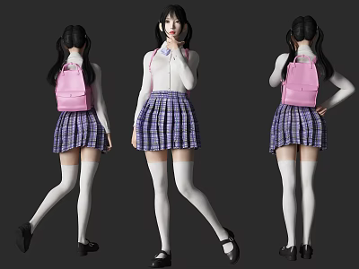 Woman In White Top Plaid Skirt Pink Backpack White Knee High Socks And Black Shoes 3d model