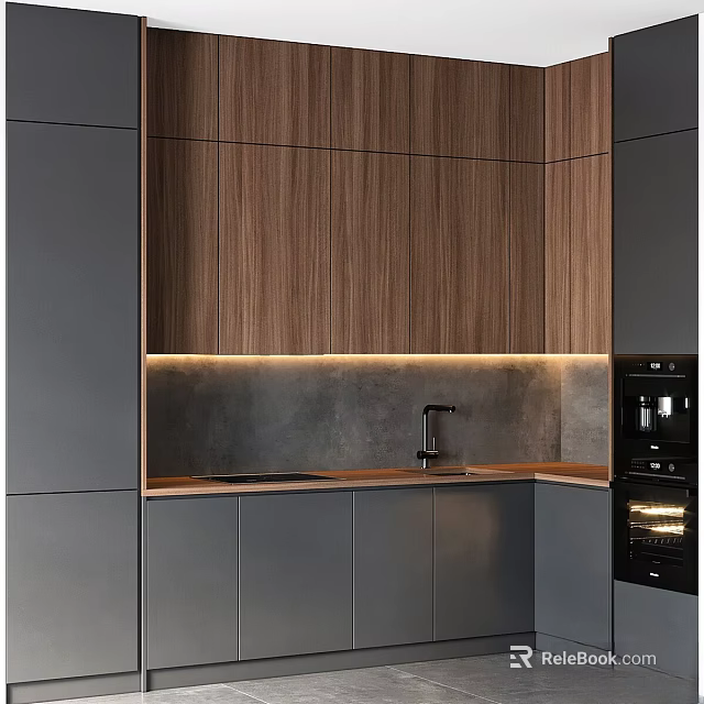 Modern Kitchen Interior With Wooden Cabinets LED Strip Lighting And Concrete Backsplash 3d model 