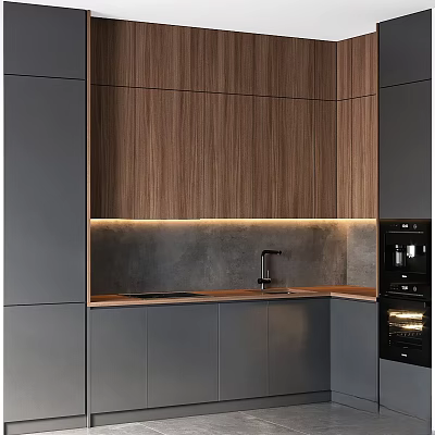 Modern Kitchen Interior With Wooden Cabinets LED Strip Lighting And Concrete Backsplash 3d model