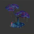 Cartoon Tree Scene With Blue Trunk Purple Leaves Dripping Water Colorful Candles And Stones