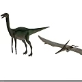 Two Green Reptiles with Long Wings and Slender Legs in Standing Posture