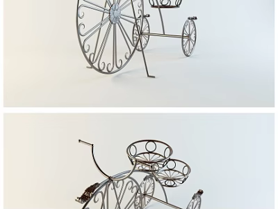 Ornate Metal Garden Decor With Wheel Design And Flower Basket Holders 3d model