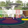 Colorful Children's Play Area With Wavy Floor Slides Climbing Net And Green Trees