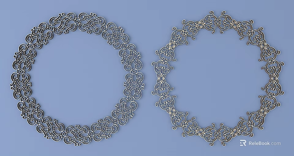 Intricate Carved Patterns In Circular Metal Decorations With Silver And Gold Tones On Blue Background 3d model 