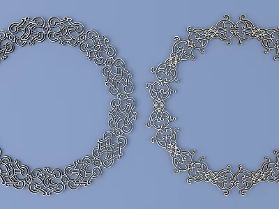 Intricate Carved Patterns In Circular Metal Decorations With Silver And Gold Tones On Blue Background 3d model