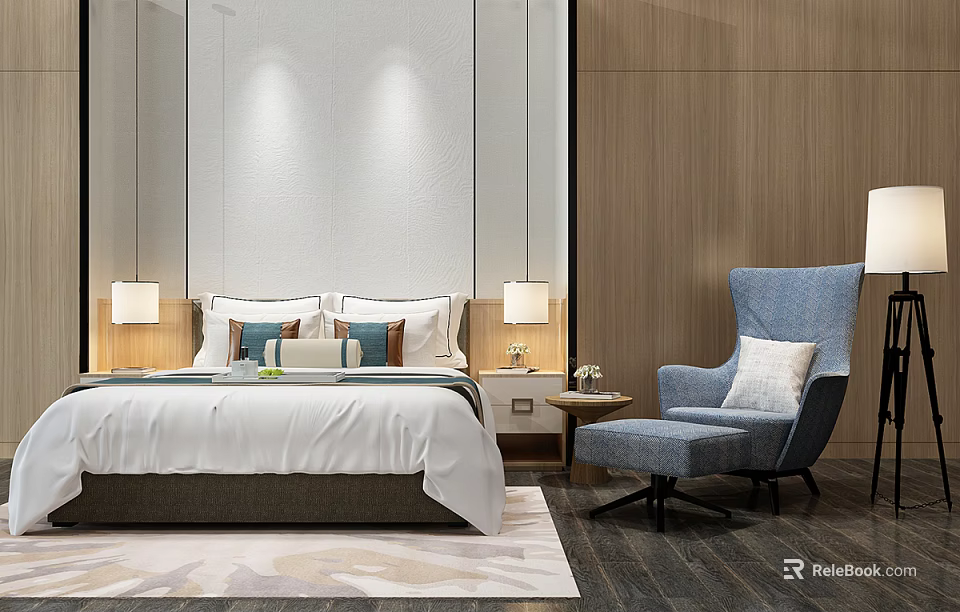 Double Bed With White Bedspread Pillows Bedside Lamps And Blue Armchair In Modern Bedroom 3d model 