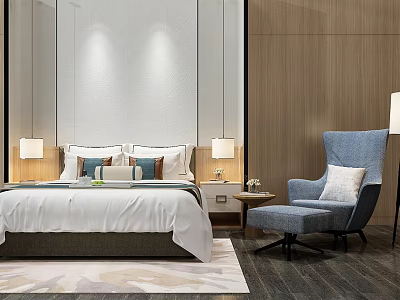 Double Bed With White Bedspread Pillows Bedside Lamps And Blue Armchair In Modern Bedroom 3d model
