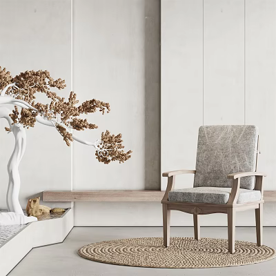 Gray Linen Accent Chair With Wooden Frame And White Sculptural Tree Decoration In Minimalist Interior 3d model