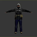 Man In Hooded Jacket With Mask Backpack Blue Jeans Brown Shoes And Arms Outstretched