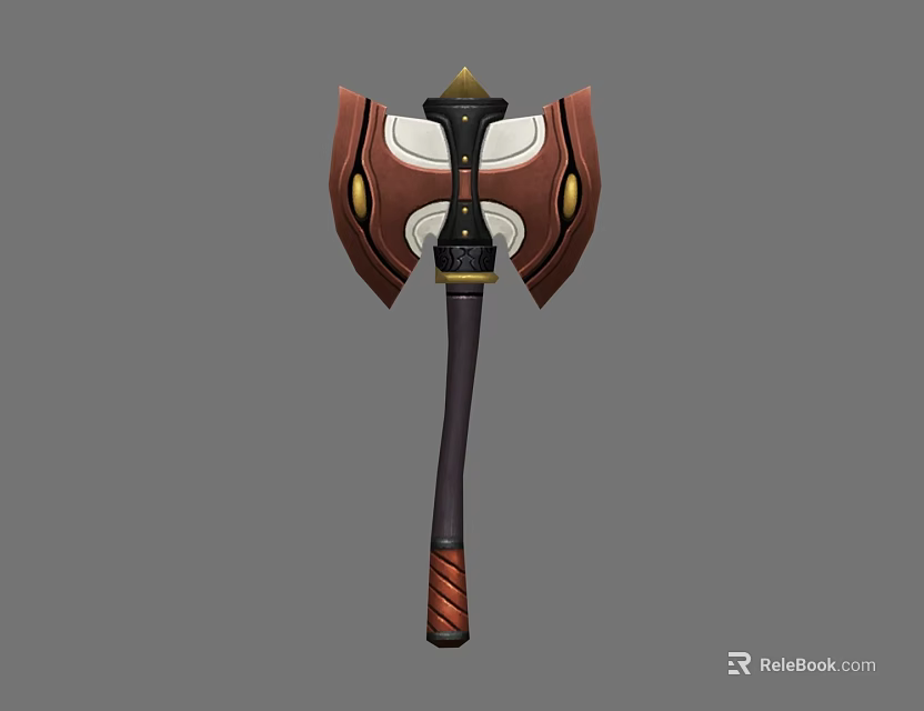 Decorative Battle Axe With Brown White Blade Gold Accents And Black Red Handle 3d model 
