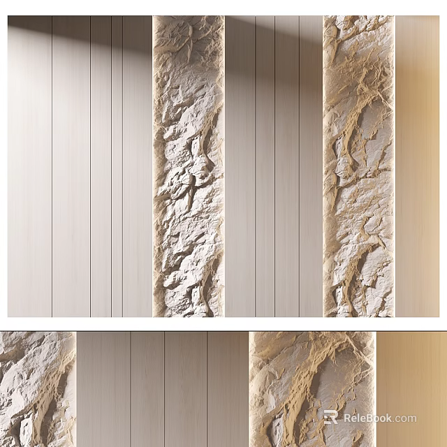 Modern Wall Decor Design Featuring Wooden Panels And Natural Stone Textures 3d model 