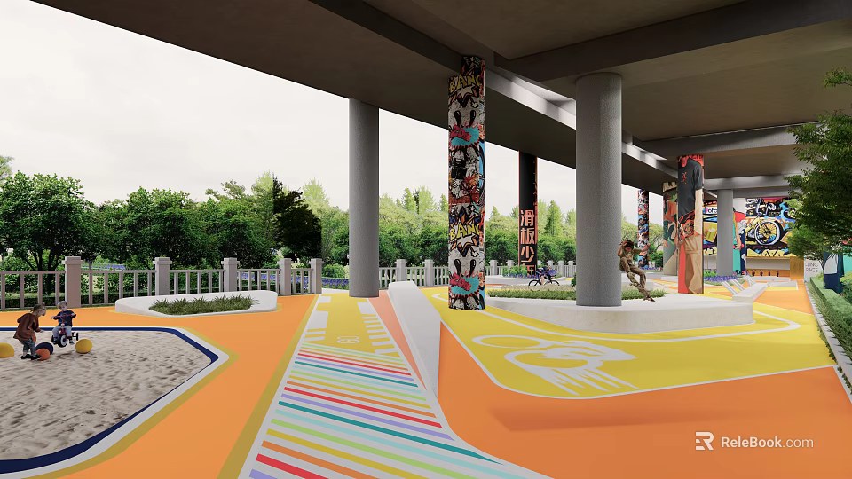 Vibrant Underpass Recreational Space With Colorful Floor And Graffiti Covered Pillars 3d model 