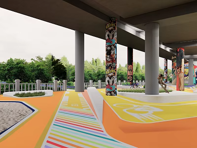Vibrant Underpass Recreational Space With Colorful Floor And Graffiti Covered Pillars 3d model