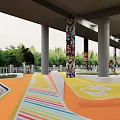 Vibrant Underpass Recreational Space With Colorful Floor And Graffiti Covered Pillars