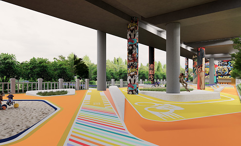 Modern Roller Skating Field under Bridge Landscape Space Skateboarding Field Sports Place 3d model