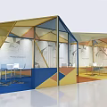 Exhibition Booth with Geometric Design Blue Yellow Gold Transparent Panels and Open Space Tables Chairs