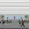 Spacious Station Hall with People Sitting Walking White Ceiling Large Windows Red Sign Palm Trees