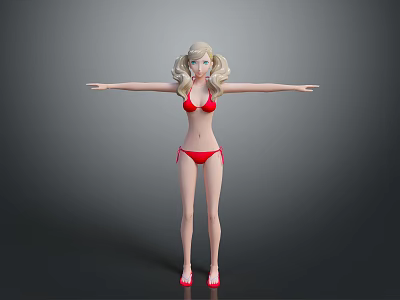 Stylish Game Movie Female Character in Red Bikini with Blonde Curly Hair and Outstretched Arms 3d model