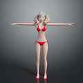 Stylish Game Movie Female Character in Red Bikini with Blonde Curly Hair and Outstretched Arms