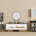 Modern Bathroom Vanity Combination With Double Sinks Round Mirror And Storage Cabinets 3d model